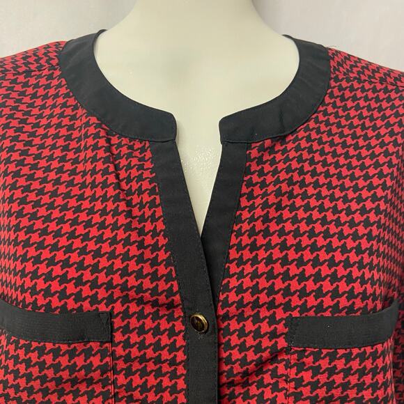 Elementz Top Blouse Button Up PXL Petite Red Black Roll Tab Sleeves - Picture 3 of 10